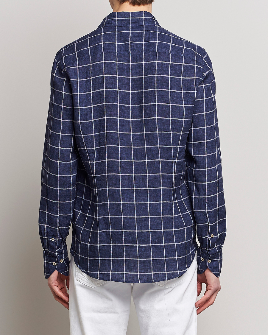 Heren | Overhemden | Stenströms | Slimline Cut Away Checked Linen Shirt Dark Blue