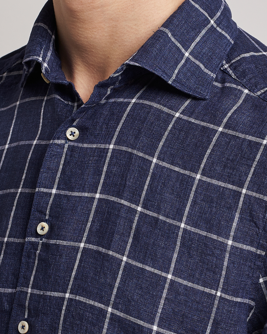 Heren | Overhemden | Stenströms | Slimline Cut Away Checked Linen Shirt Dark Blue