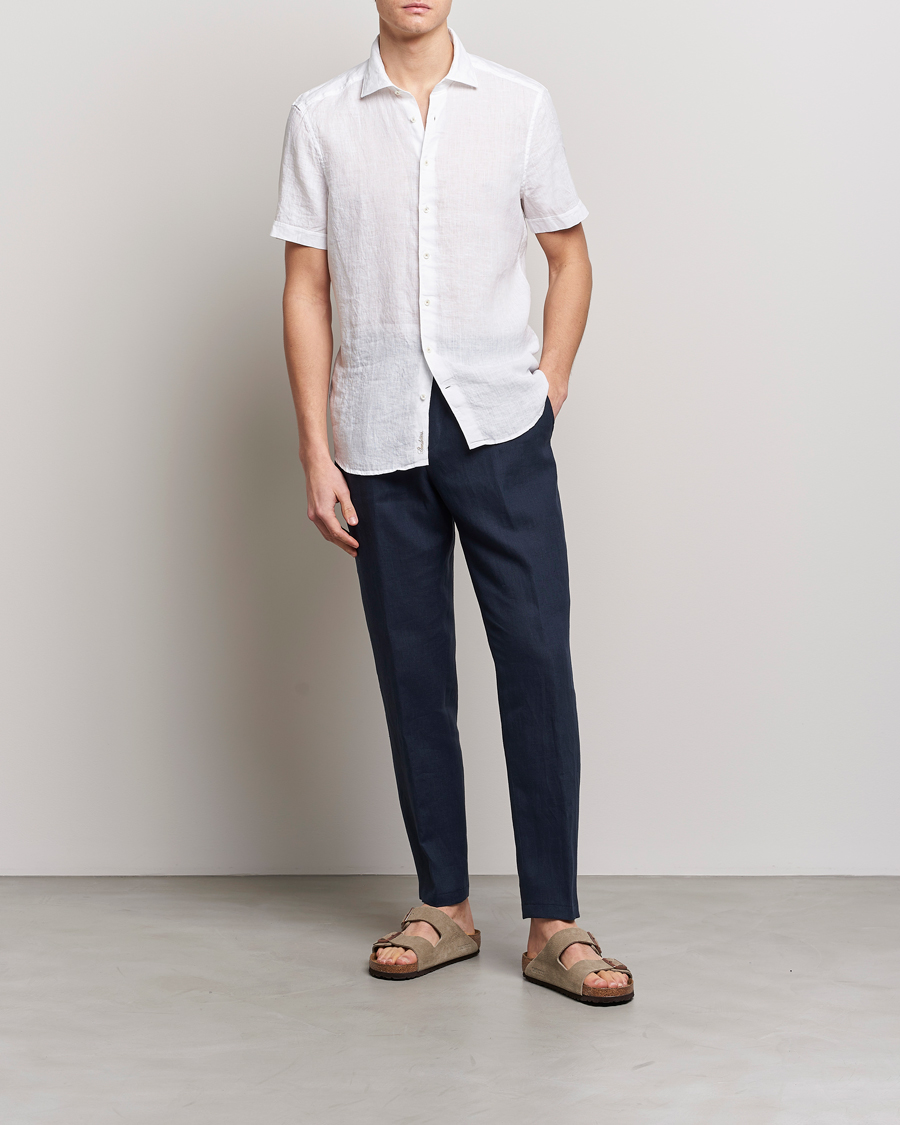Heren | Overhemden | Stenströms | Slimline Cut Away Short Sleeve Linen Shirt White