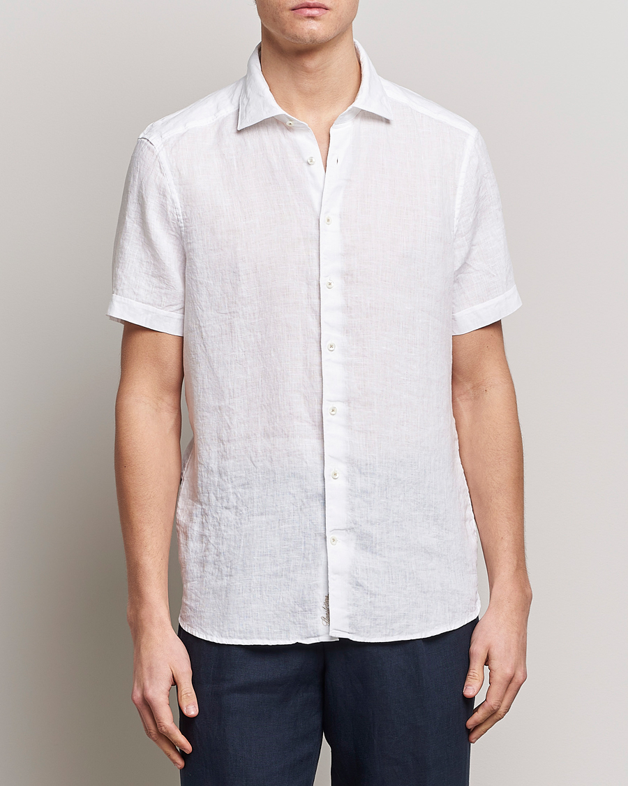 Heren | Overhemden | Stenströms | Slimline Cut Away Short Sleeve Linen Shirt White