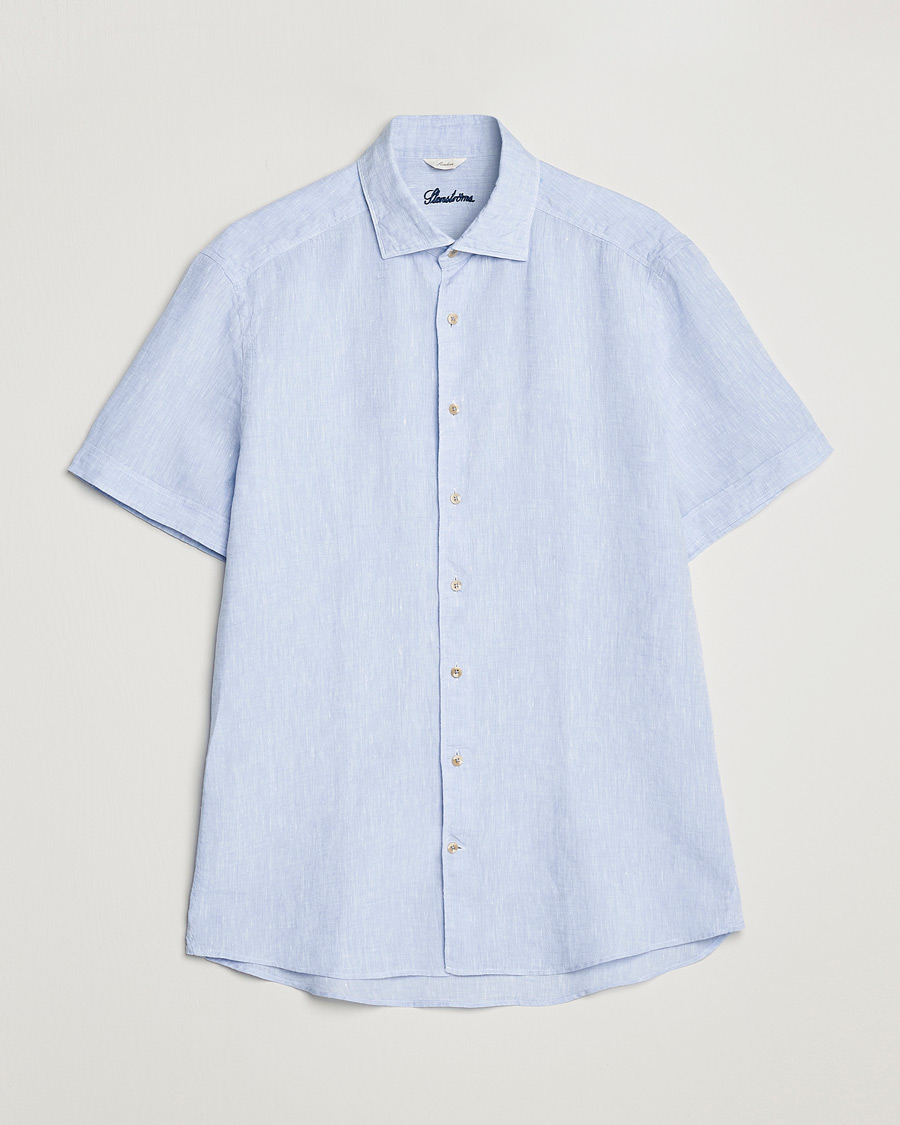 Heren | Overhemden | Stenströms | Slimline Cut Away Short Sleeve Linen Shirt Light Blue