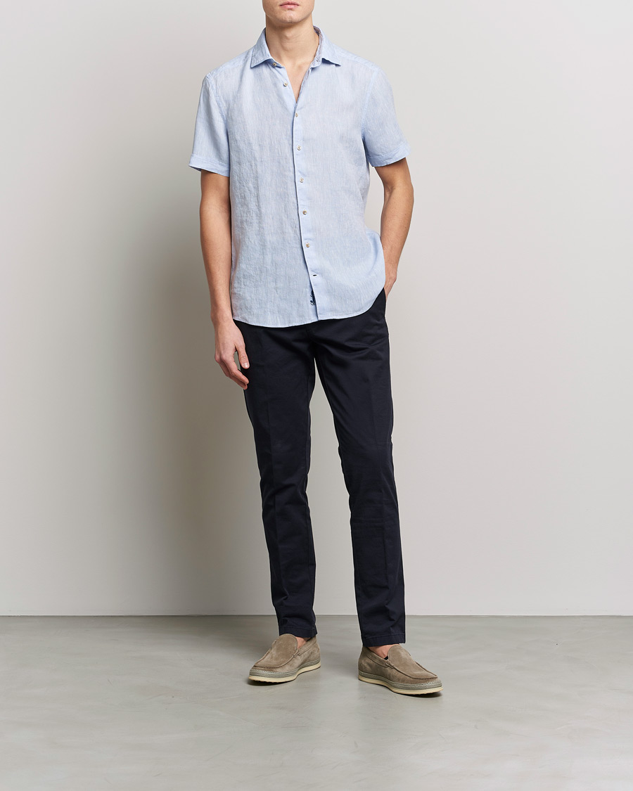 Heren | Overhemden | Stenströms | Slimline Cut Away Short Sleeve Linen Shirt Light Blue