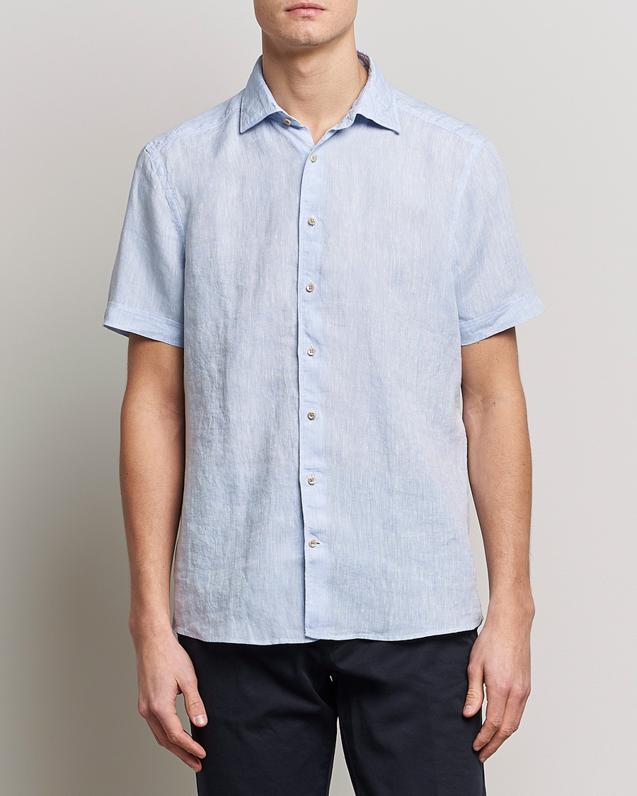 Heren | Overhemden | Stenströms | Slimline Cut Away Short Sleeve Linen Shirt Light Blue