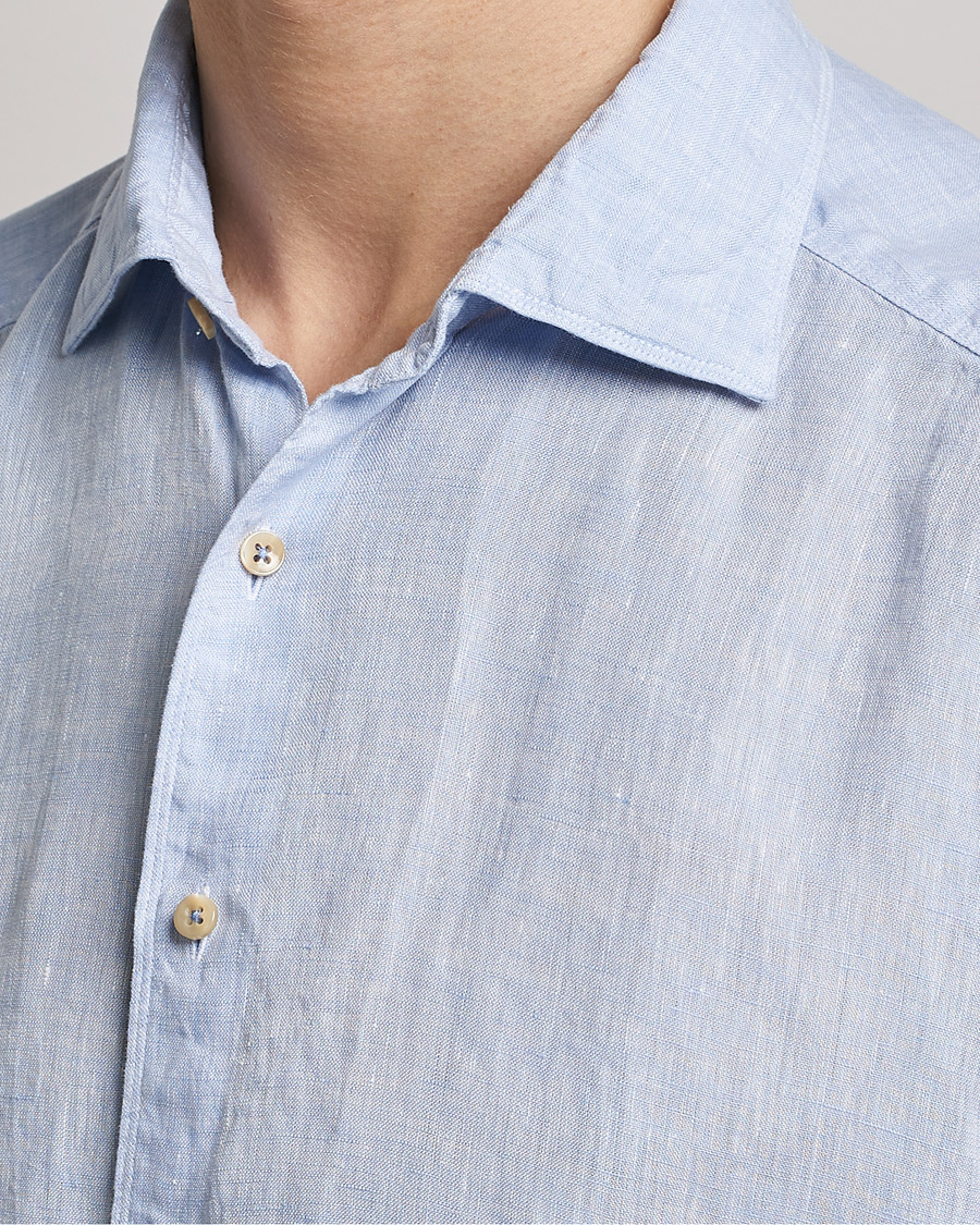 Heren | Overhemden | Stenströms | Slimline Cut Away Short Sleeve Linen Shirt Light Blue