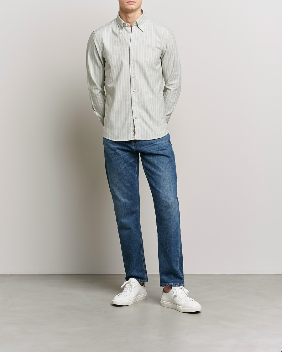 Heren | Overhemden | Stenströms | Slimline Washed Striped Oxford Shirt Pistachio