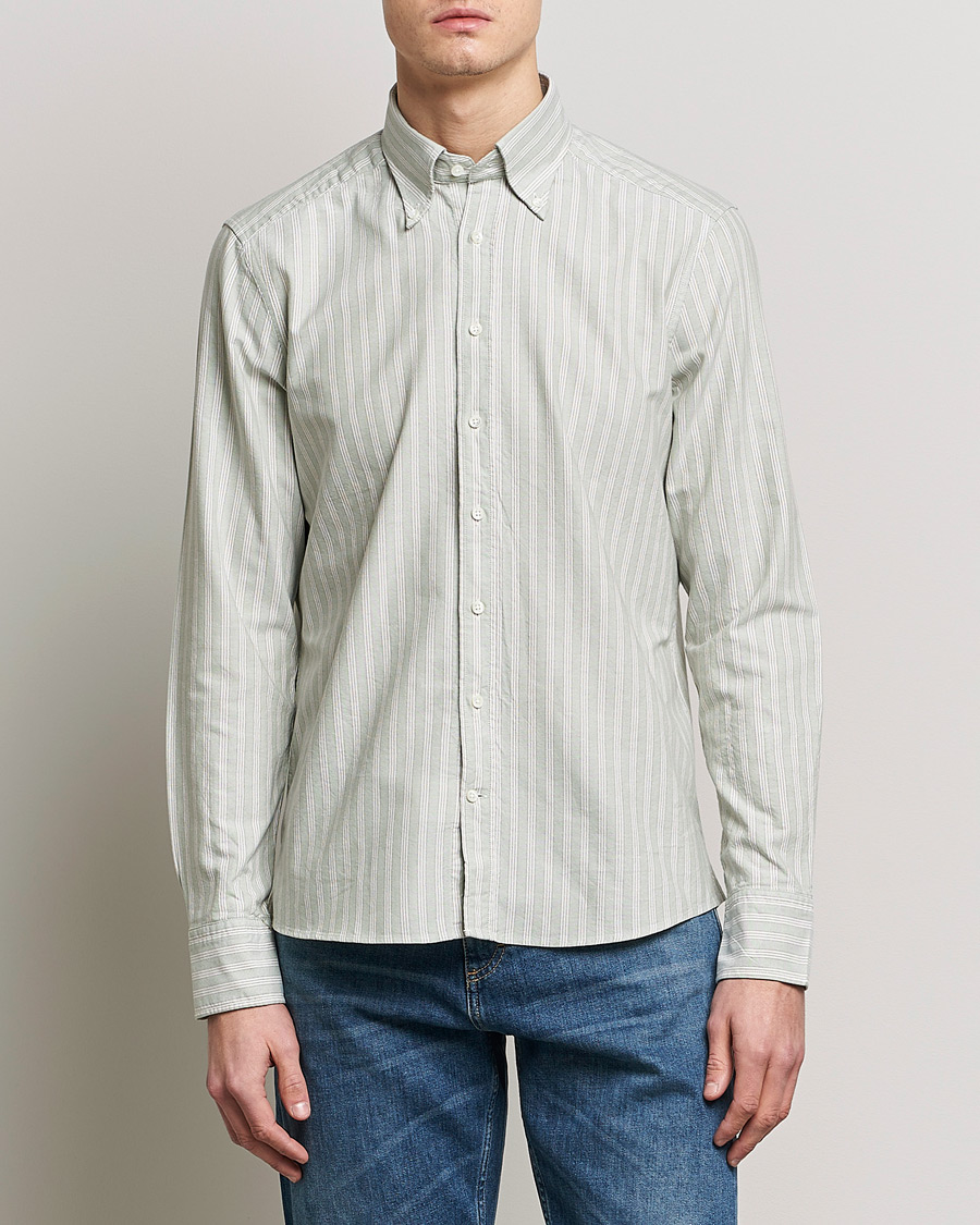 Heren | Overhemden | Stenströms | Slimline Washed Striped Oxford Shirt Pistachio