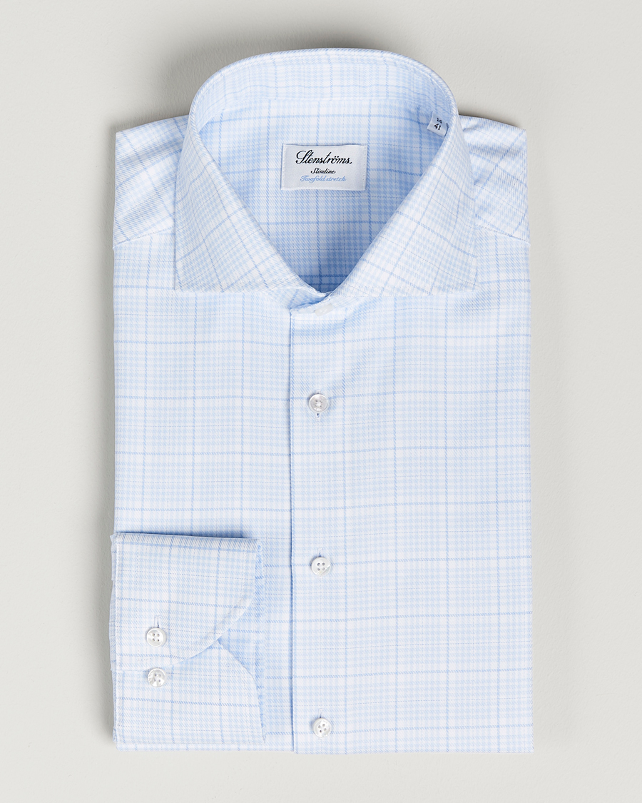 Heren | Overhemden | Stenströms | Slimline Multicheck Cut Away Shirt Light Blue