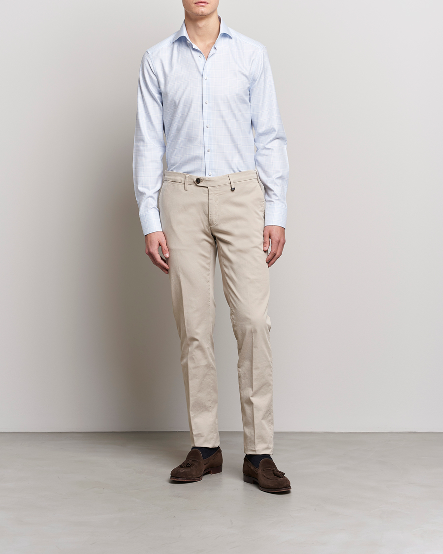 Heren | Overhemden | Stenströms | Slimline Multicheck Cut Away Shirt Light Blue