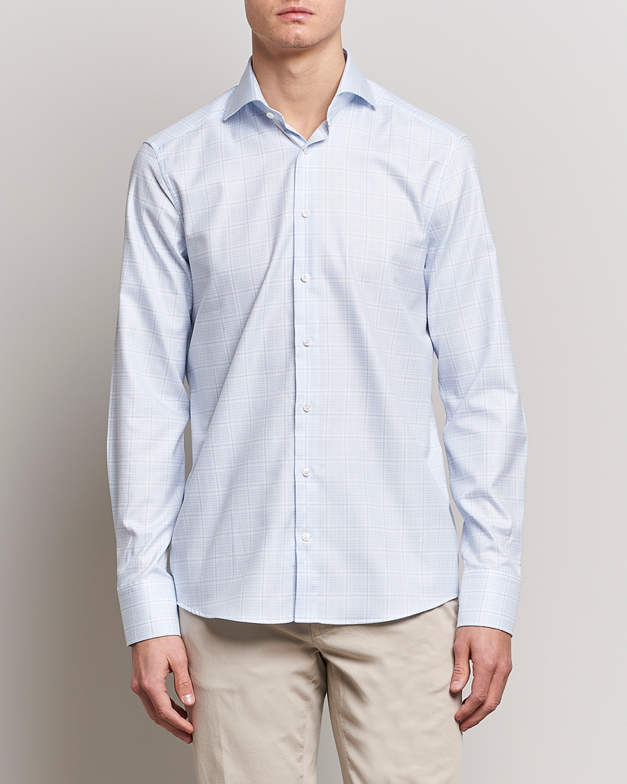 Heren | Overhemden | Stenströms | Slimline Multicheck Cut Away Shirt Light Blue