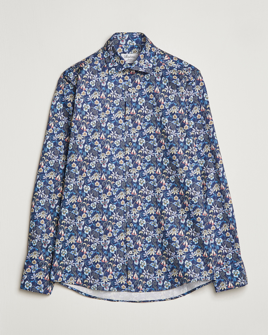 Heren | Overhemden | Stenströms | Slimline Cut Away Flower Print Shirt Blue