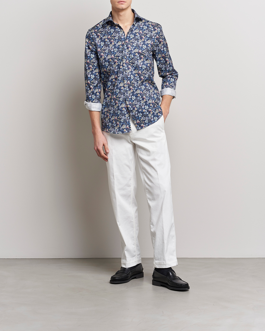 Heren | Overhemden | Stenströms | Slimline Cut Away Flower Print Shirt Blue