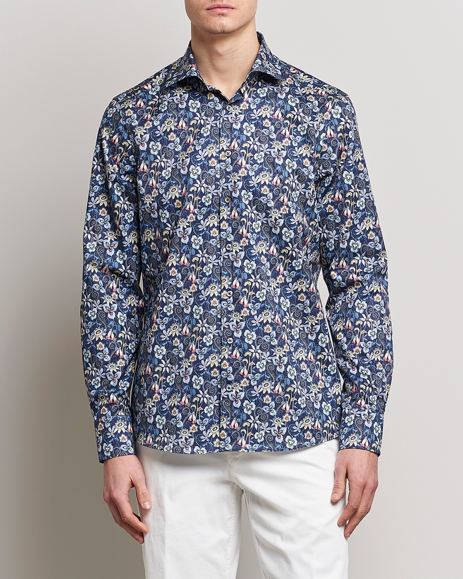 Heren | Overhemden | Stenströms | Slimline Cut Away Flower Print Shirt Blue