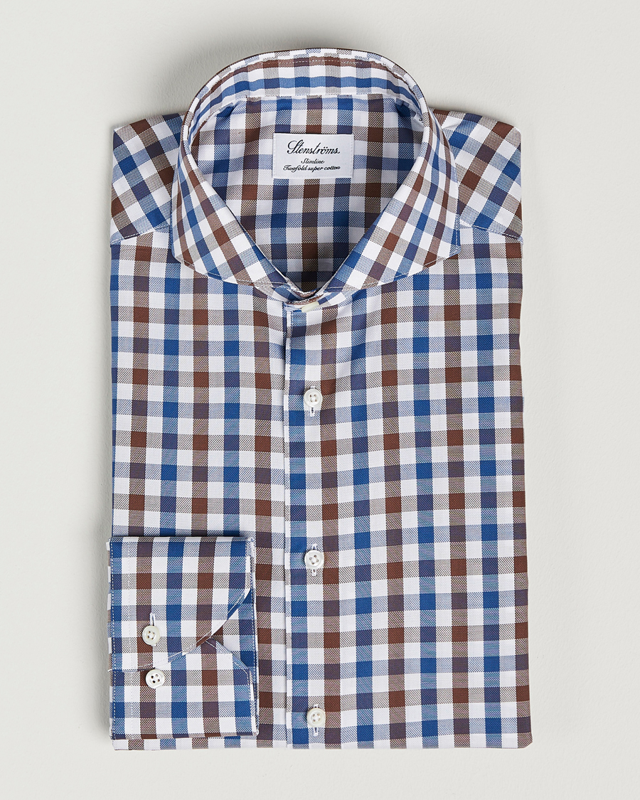 Heren | Overhemden | Stenströms | Slimline Cut Away Gingham Shirt Brown/Blue