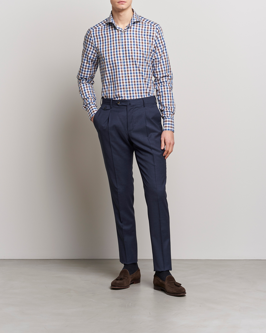 Heren | Overhemden | Stenströms | Slimline Cut Away Gingham Shirt Brown/Blue