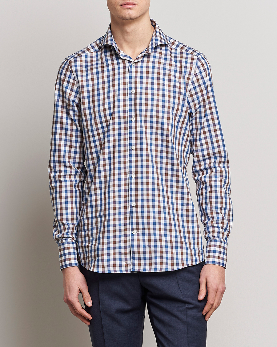 Heren | Overhemden | Stenströms | Slimline Cut Away Gingham Shirt Brown/Blue