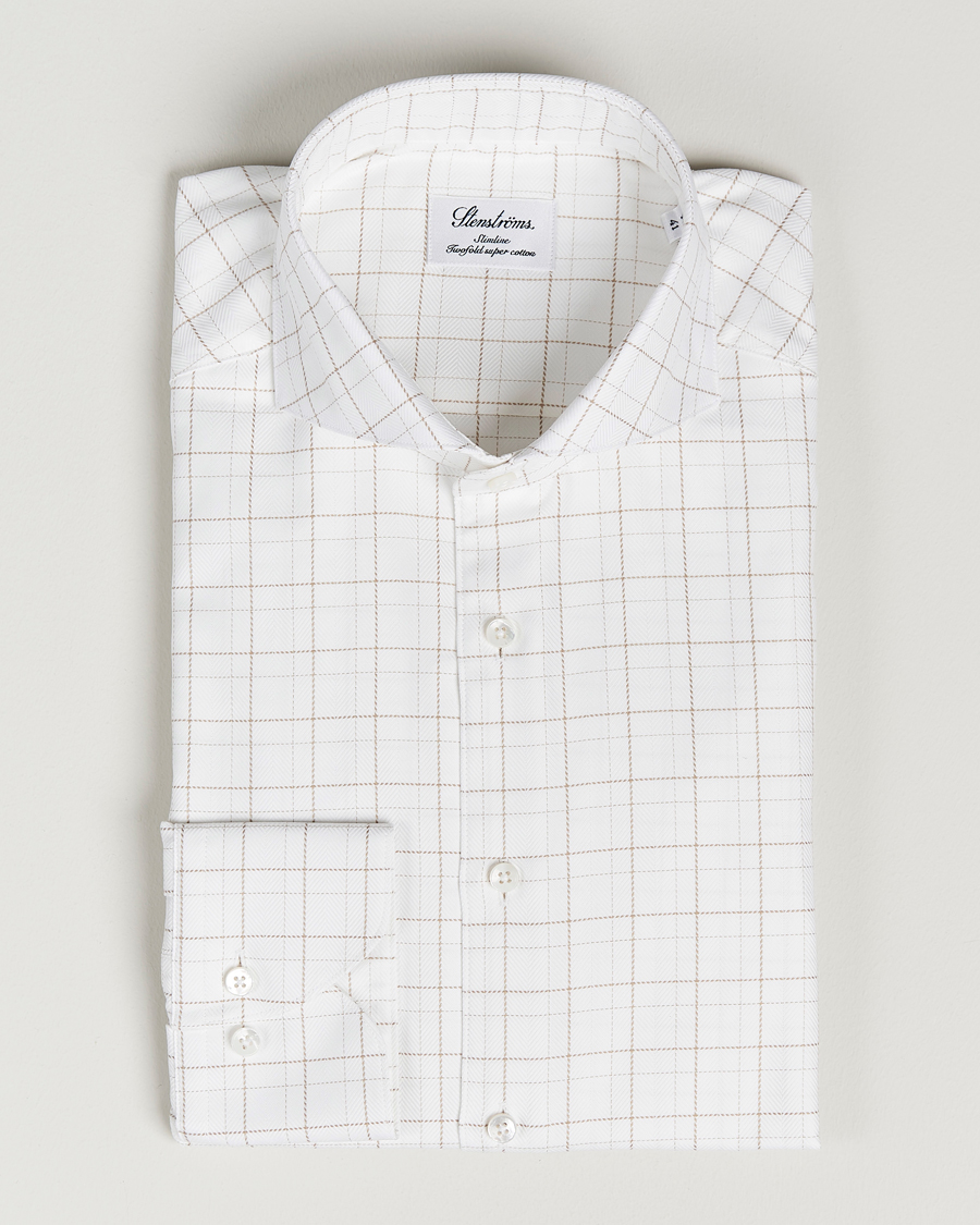 Heren | Overhemden | Stenströms | Slimline Cut Away Windowpane Shirt White/Beige