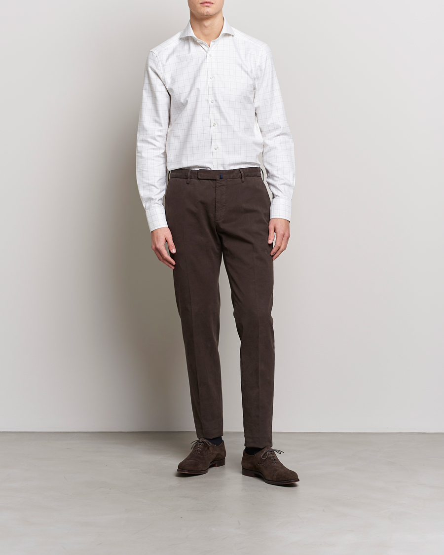 Heren | Overhemden | Stenströms | Slimline Cut Away Windowpane Shirt White/Beige