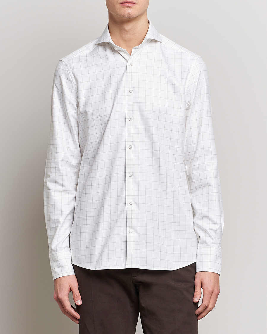 Heren | Overhemden | Stenströms | Slimline Cut Away Windowpane Shirt White/Beige