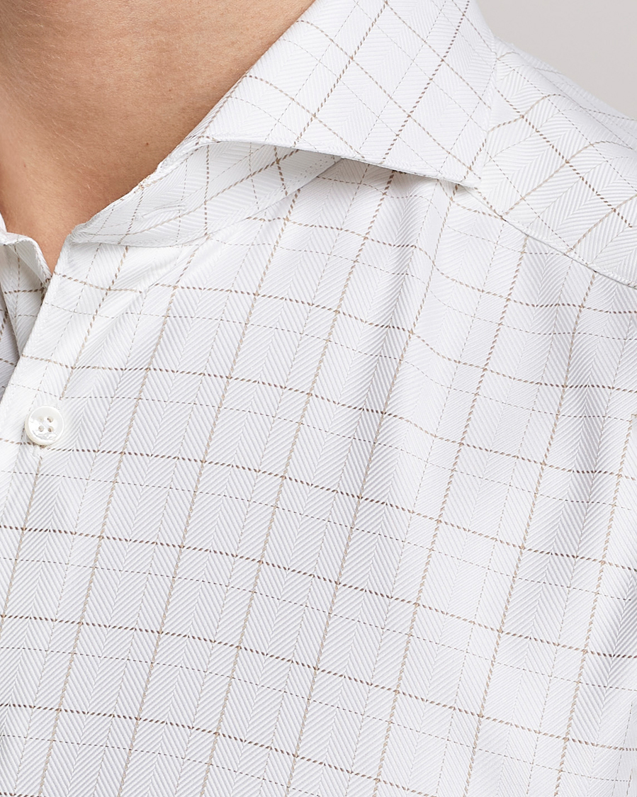 Heren | Overhemden | Stenströms | Slimline Cut Away Windowpane Shirt White/Beige