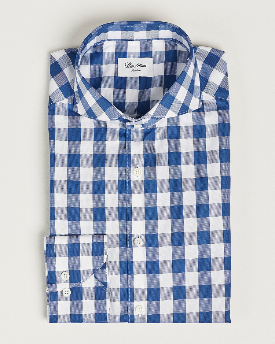 Heren | Overhemden | Stenströms | Slimline Cut Away Large Gingham Shirt Blue