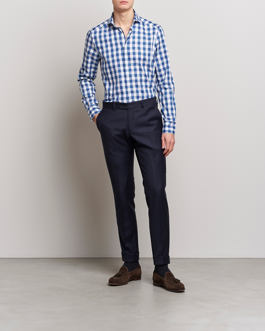 Heren | Overhemden | Stenströms | Slimline Cut Away Large Gingham Shirt Blue