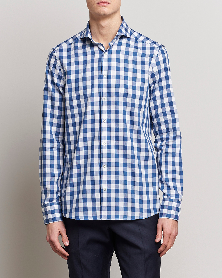 Heren | Overhemden | Stenströms | Slimline Cut Away Large Gingham Shirt Blue