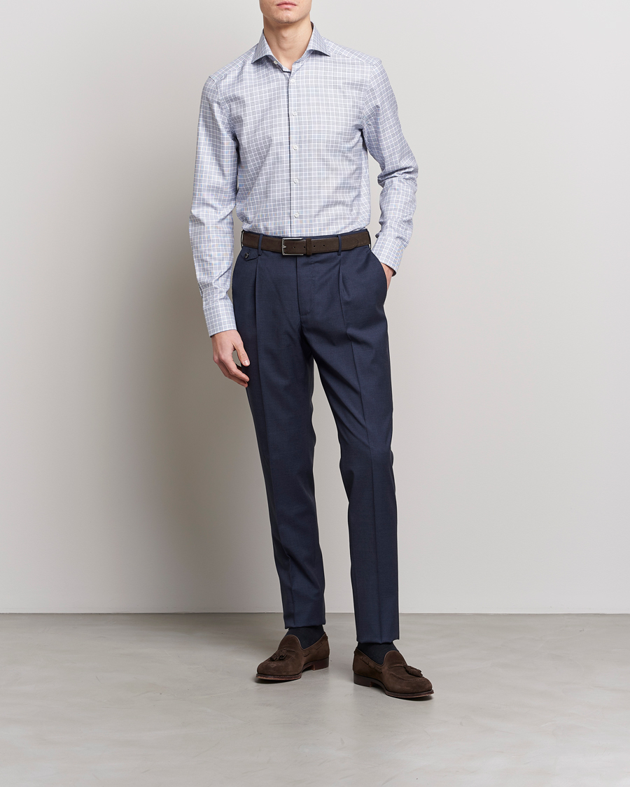 Heren | Overhemden | Stenströms | Slimline Cut Away Multicheck Shirt Blue