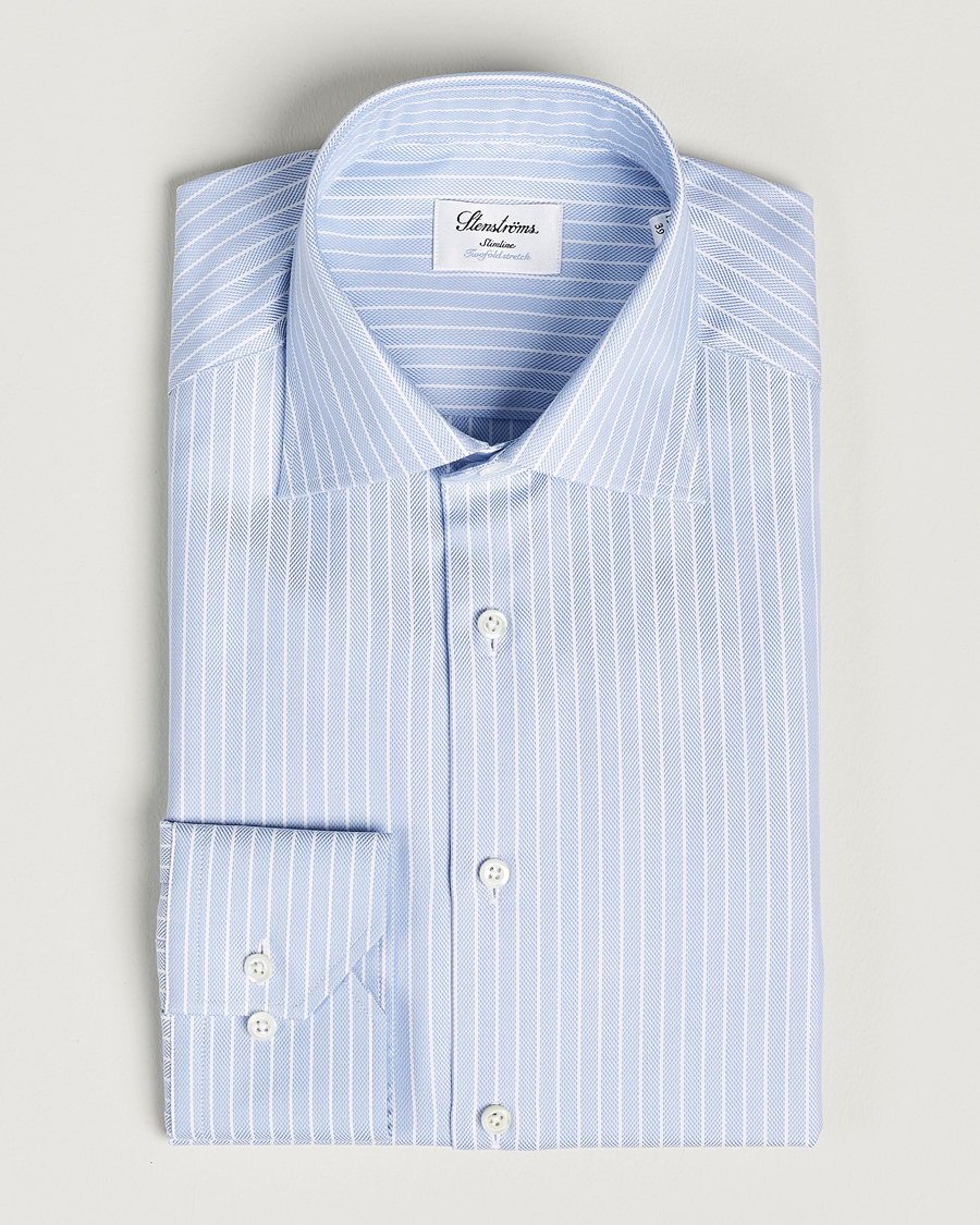 Heren | Overhemden | Stenströms | Slimline Cut Away Herringbone Striped Shirt Blue