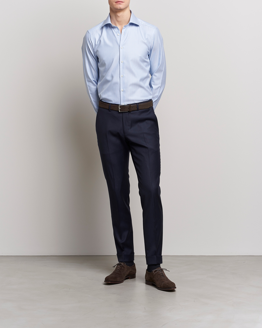 Heren | Overhemden | Stenströms | Slimline Cut Away Herringbone Striped Shirt Blue