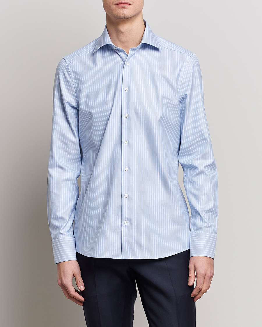 Heren | Overhemden | Stenströms | Slimline Cut Away Herringbone Striped Shirt Blue