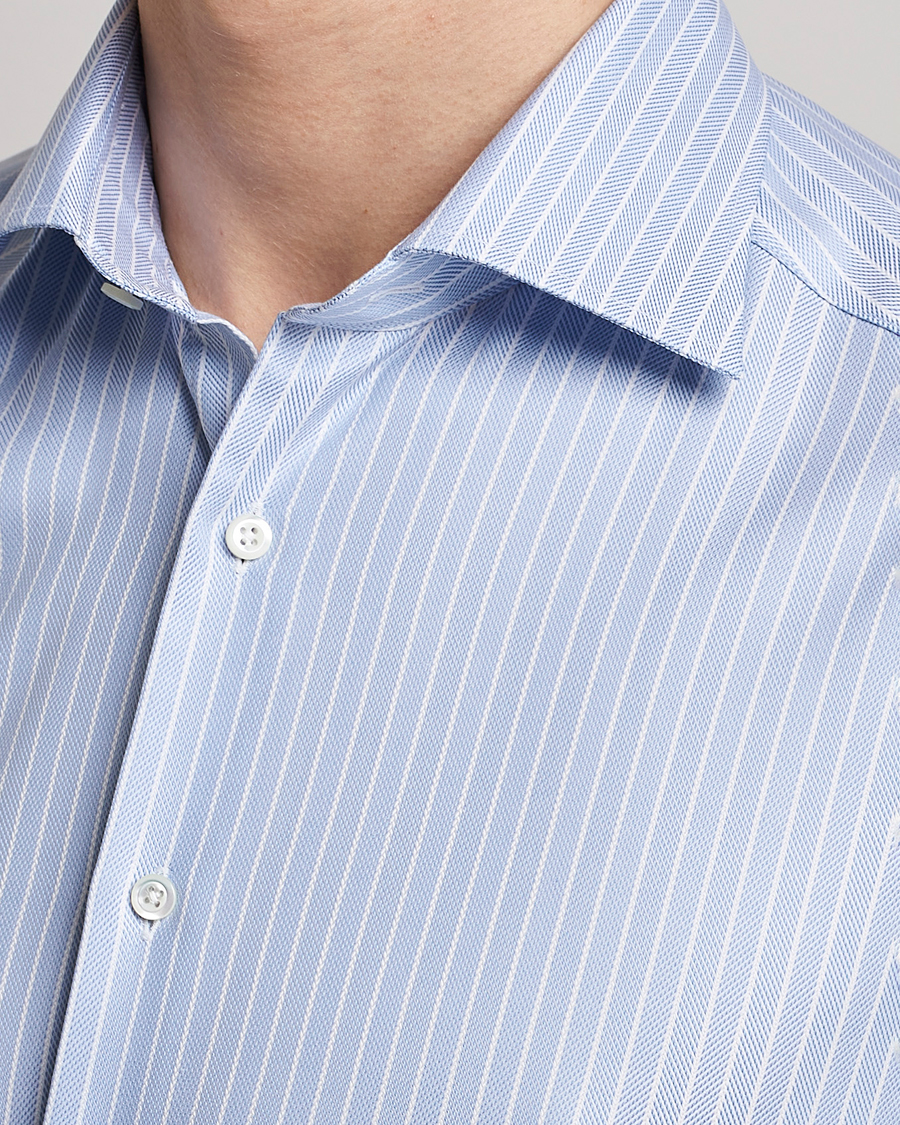 Heren | Overhemden | Stenströms | Slimline Cut Away Herringbone Striped Shirt Blue