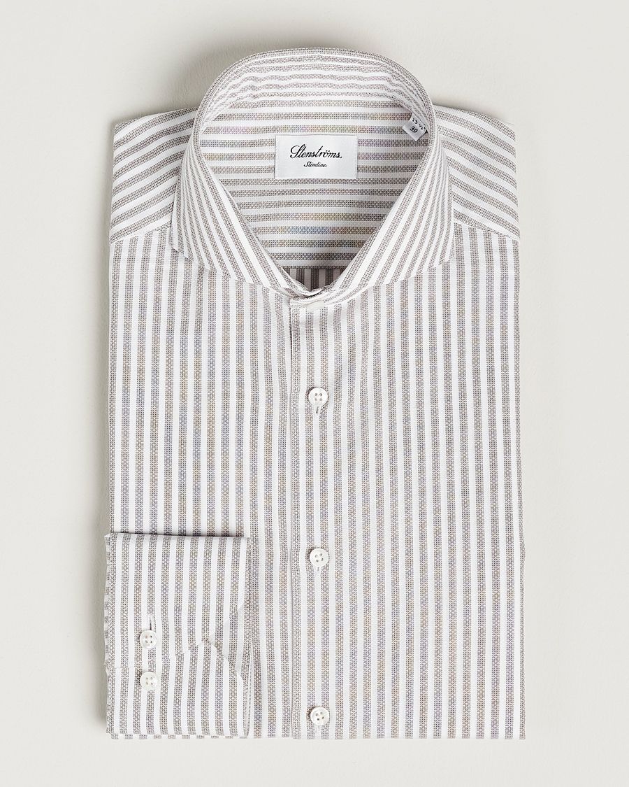 Heren | Overhemden | Stenströms | Slimline Cut Away Structure Striped Shirt Brown