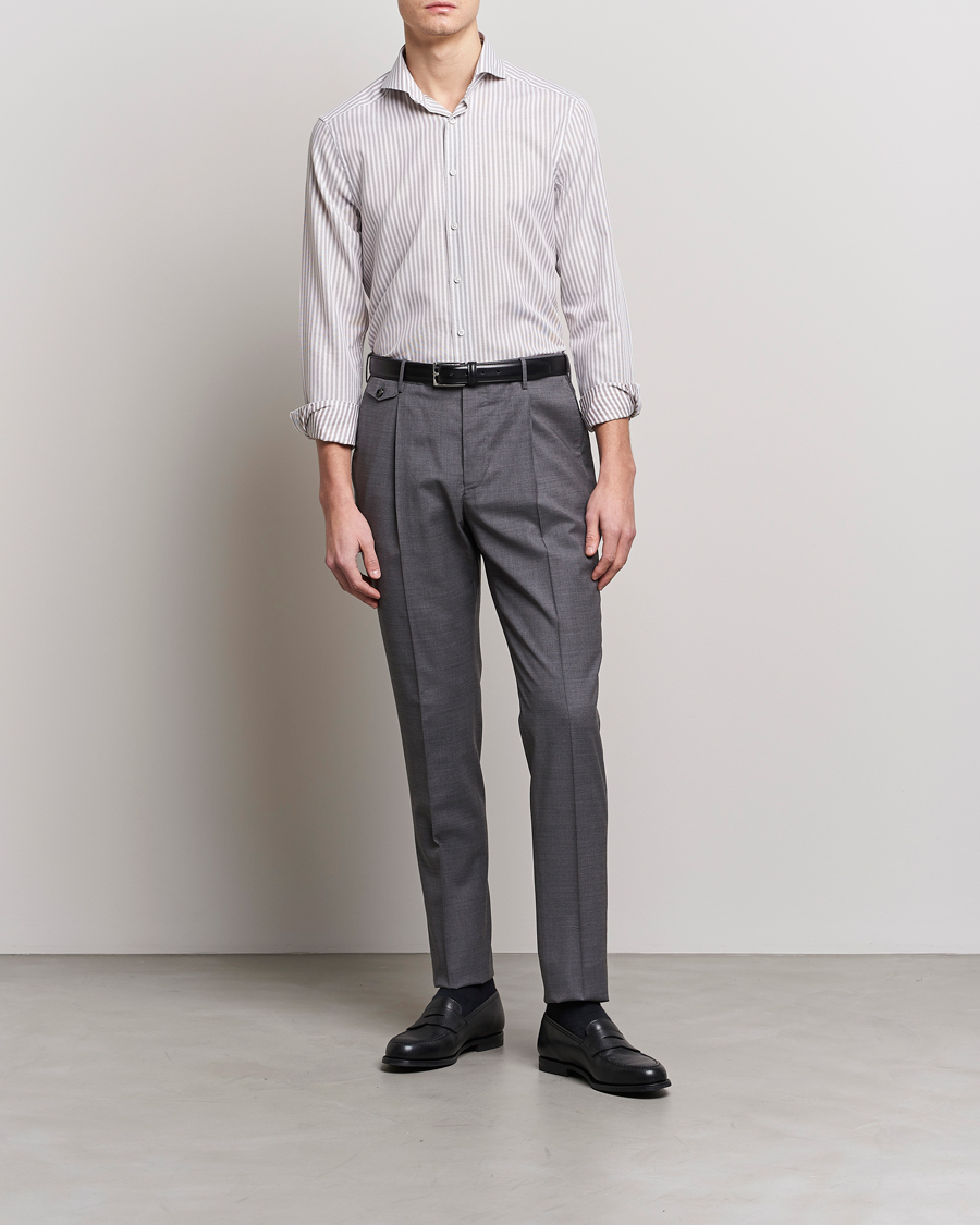 Heren | Overhemden | Stenströms | Slimline Cut Away Structure Striped Shirt Brown