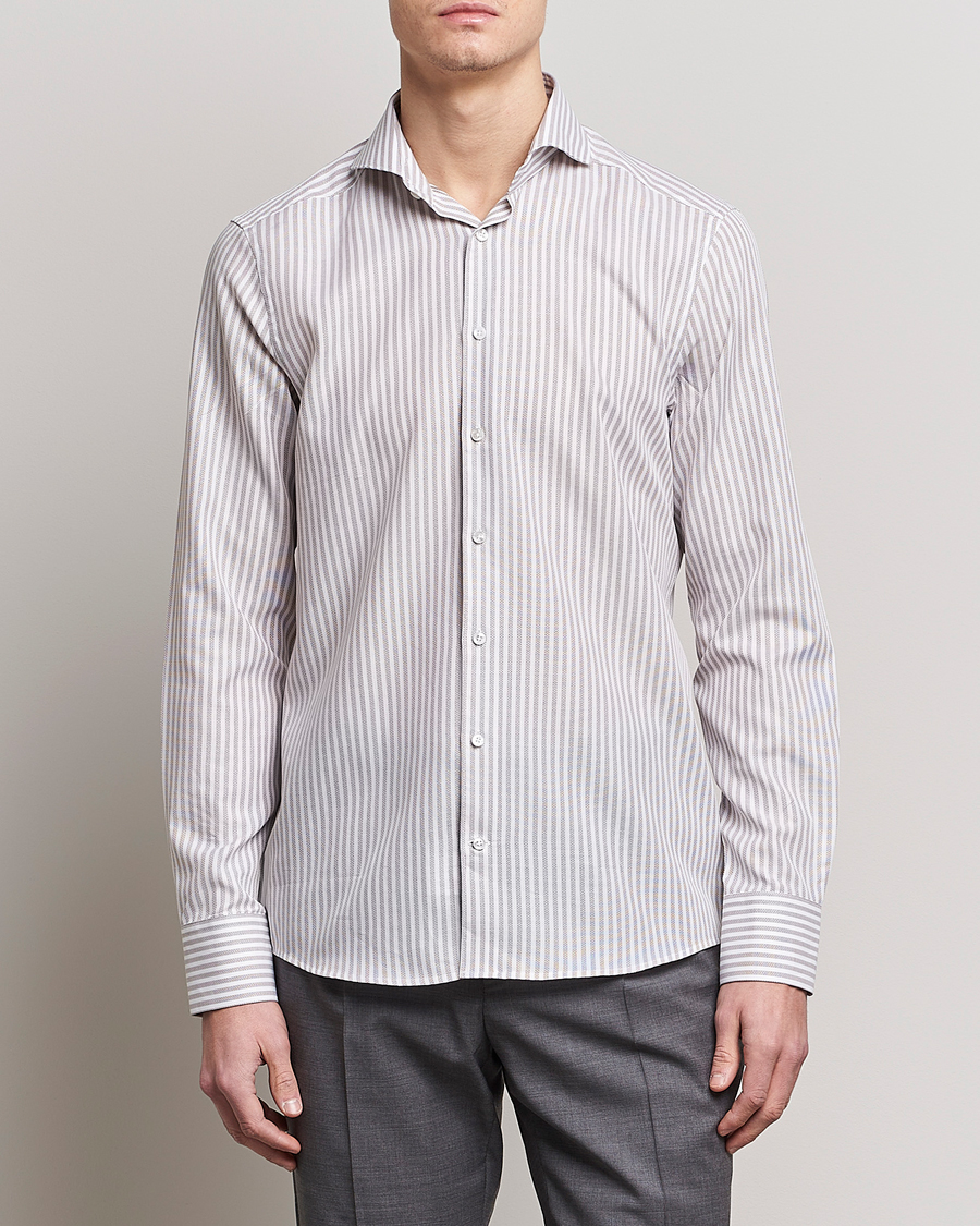 Heren | Overhemden | Stenströms | Slimline Cut Away Structure Striped Shirt Brown