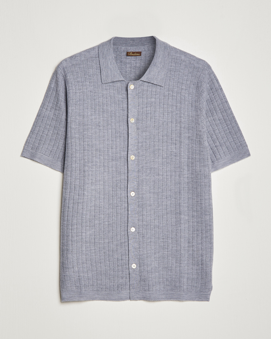Heren | Polo's | Stenströms | Merino/Lyocell Ribbed Buttoned Polo Shirt Grey