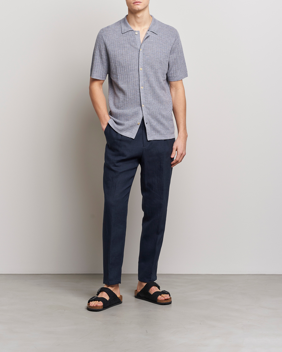 Heren | Polo's | Stenströms | Merino/Lyocell Ribbed Buttoned Polo Shirt Grey
