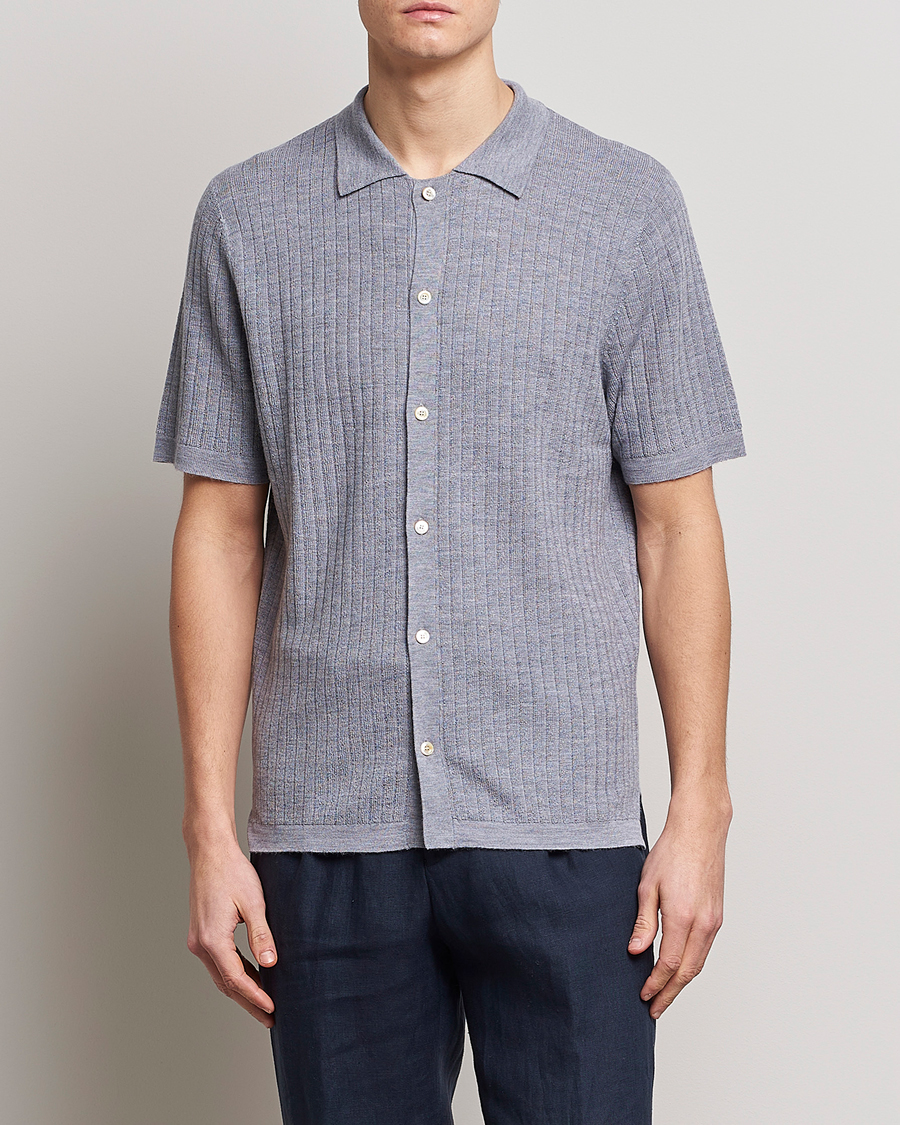 Heren | Polo's | Stenströms | Merino/Lyocell Ribbed Buttoned Polo Shirt Grey