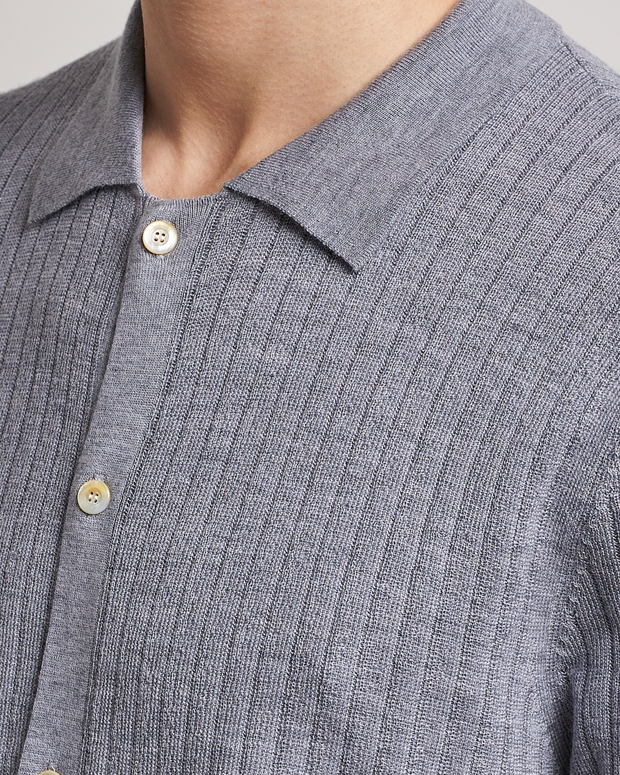 Heren | Polo's | Stenströms | Merino/Lyocell Ribbed Buttoned Polo Shirt Grey