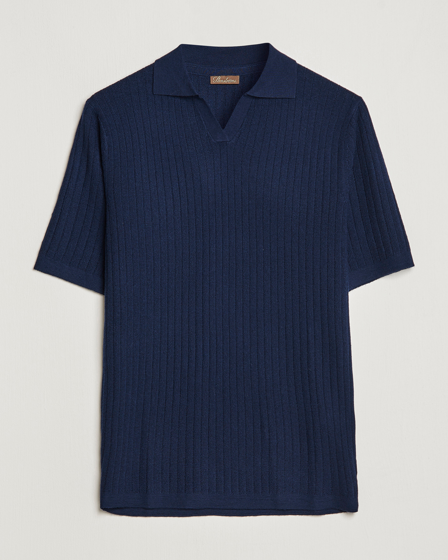 Heren | Polo's | Stenströms | Merino/Lyocell Ribbed Open Collar Polo Navy