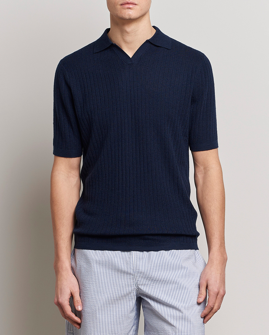Heren | Polo's | Stenströms | Merino/Lyocell Ribbed Open Collar Polo Navy