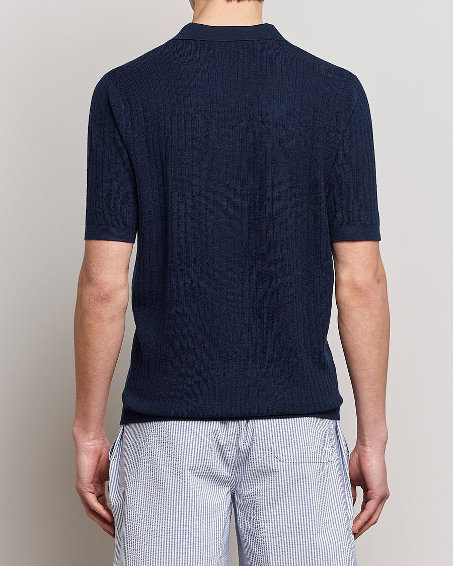 Heren | Polo's | Stenströms | Merino/Lyocell Ribbed Open Collar Polo Navy