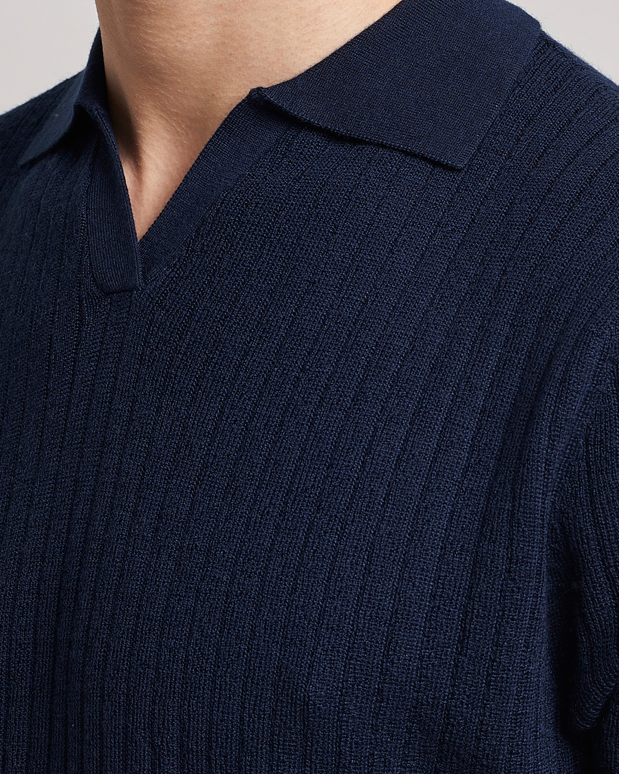 Heren | Polo's | Stenströms | Merino/Lyocell Ribbed Open Collar Polo Navy