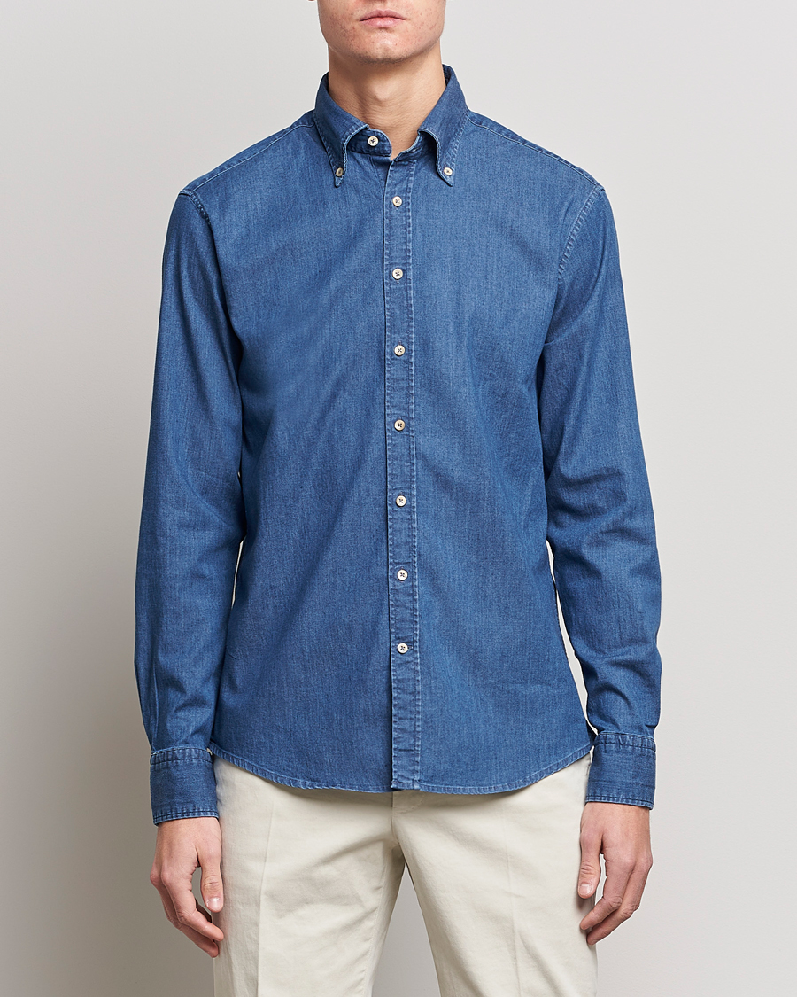 Men |  | Stenströms | Fitted Body Button Down Garment Washed Shirt Mid Blue Denim