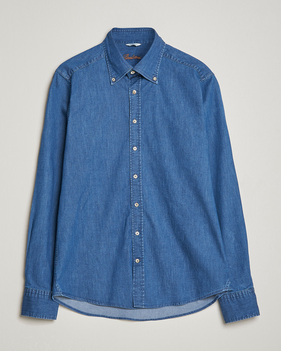 Heren | Overhemden | Stenströms | Slimline Button Down Garment Washed Shirt Mid Blue Denim