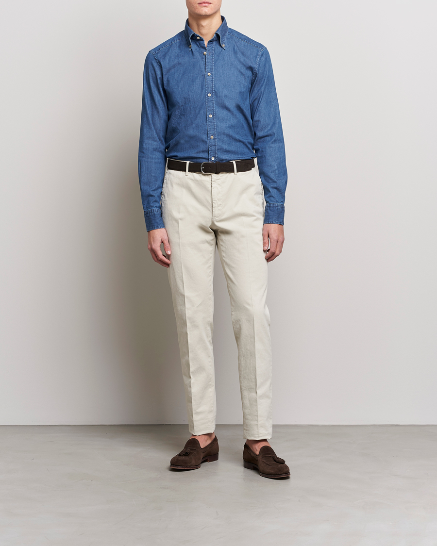 Heren | Overhemden | Stenströms | Slimline Button Down Garment Washed Shirt Mid Blue Denim