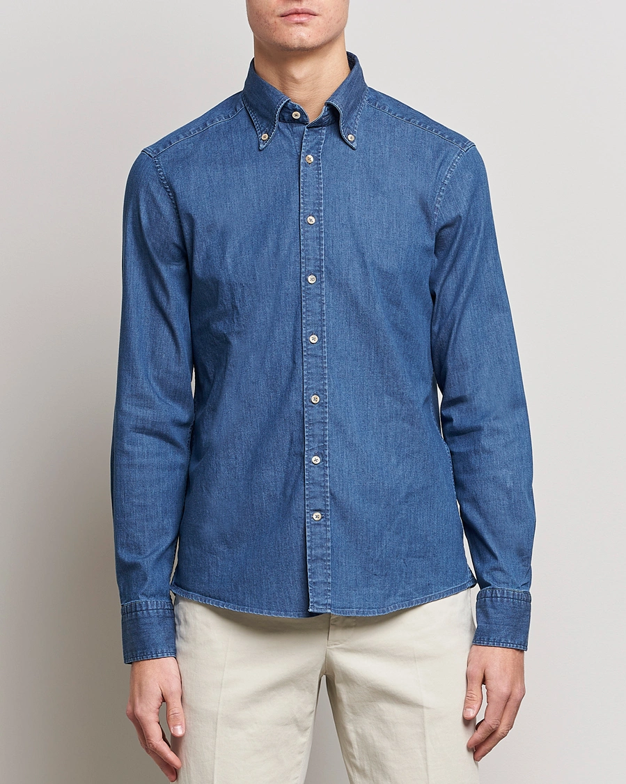 Heren | Spijker overhemden | Stenströms | Slimline Button Down Garment Washed Shirt Mid Blue Denim