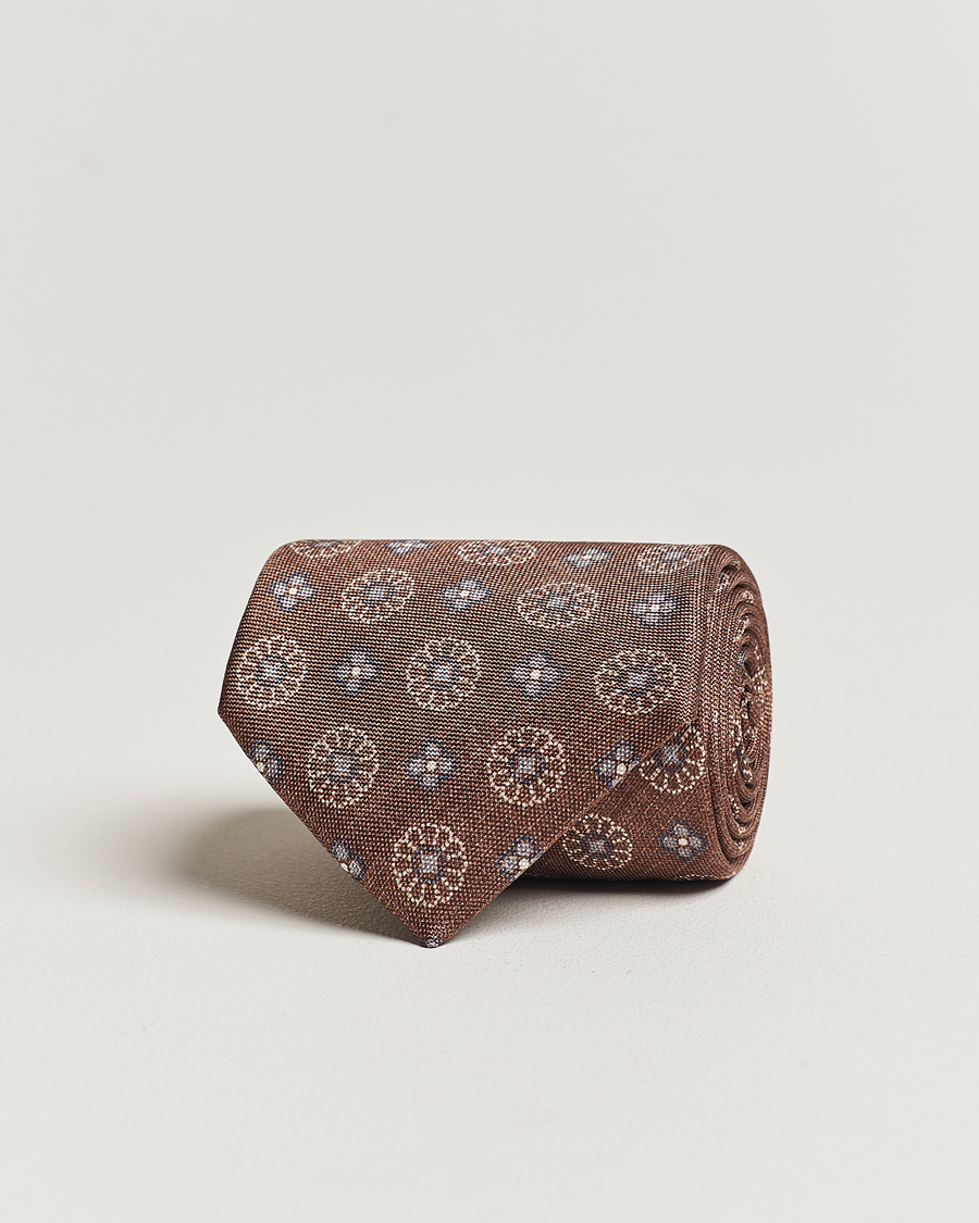 Heren | Stenströms Flower Printed Silk Tie Brown | Stenströms | Flower Printed Silk Tie Brown