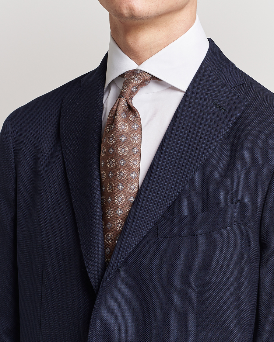 Heren | Stenströms Flower Printed Silk Tie Brown | Stenströms | Flower Printed Silk Tie Brown
