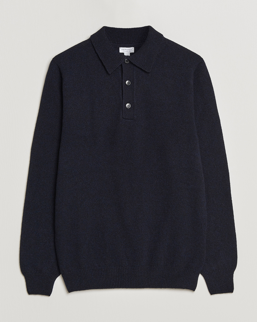Heren | Truien | Sunspel | Lambswool Poloshirt Dark Navy