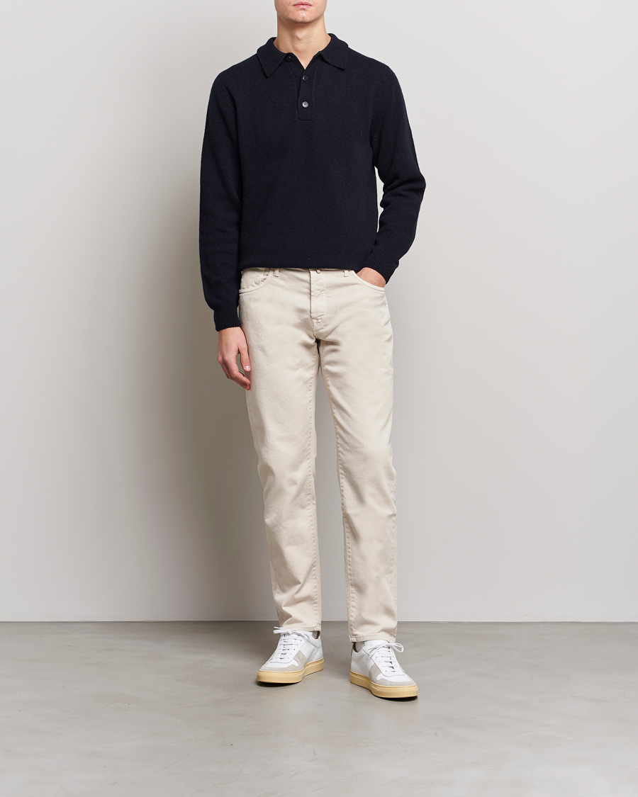Heren | Truien | Sunspel | Lambswool Poloshirt Dark Navy